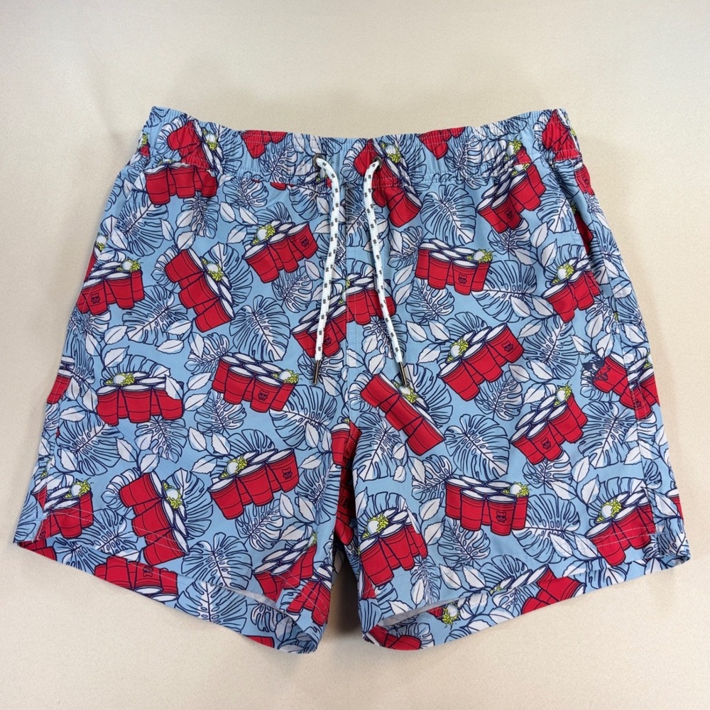 Party Pants Swim Trunks Mens Medium Blue Red Solo Cup Tropical Beach Shorts EUC